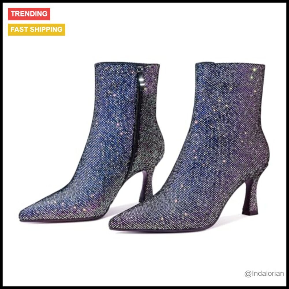 Glitter Booties Pointed Toe Kitten Heels Sparkling Sequin Ankle Boots - Picture 6 of 7